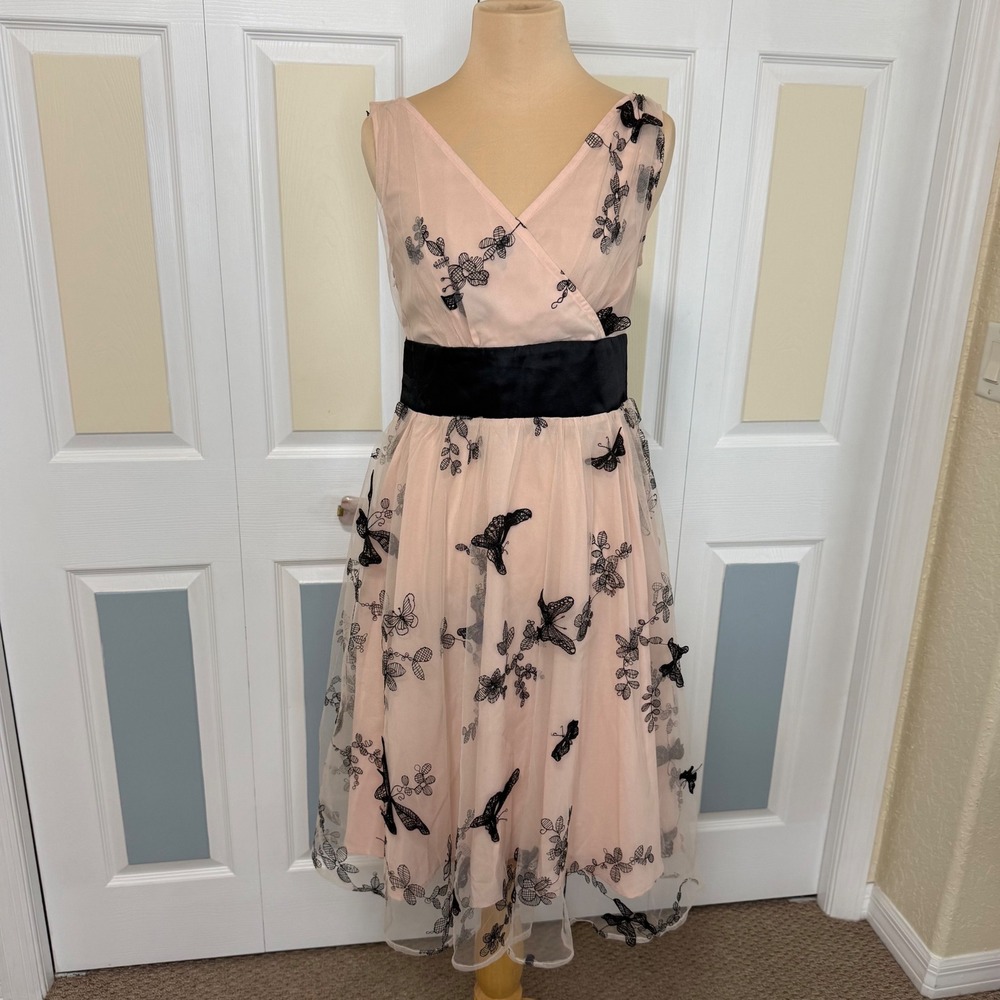 Retro Stage Pink Butterfly Tulle Dress Black Satin Bow Rockabilly Swing Dress